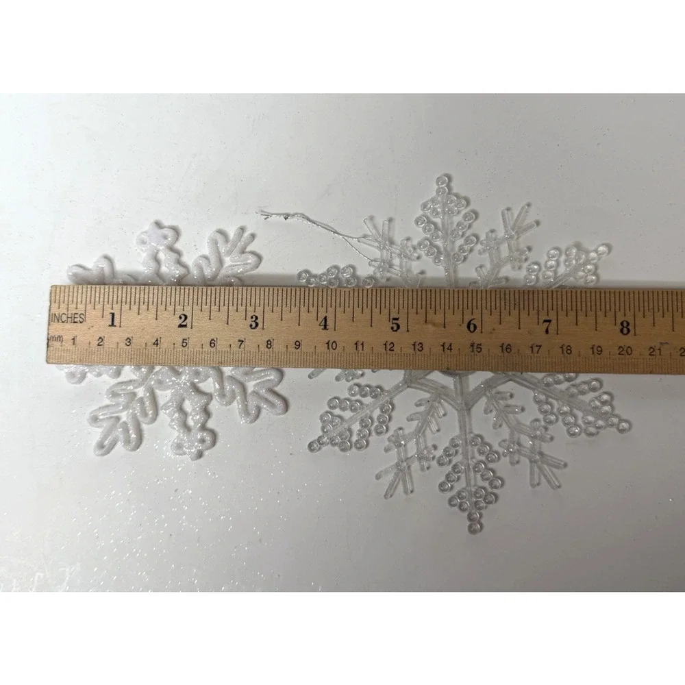 Lot 12 Snowflake Christmas Ornaments White Clear & Opaque Glitter Plastic Winter
